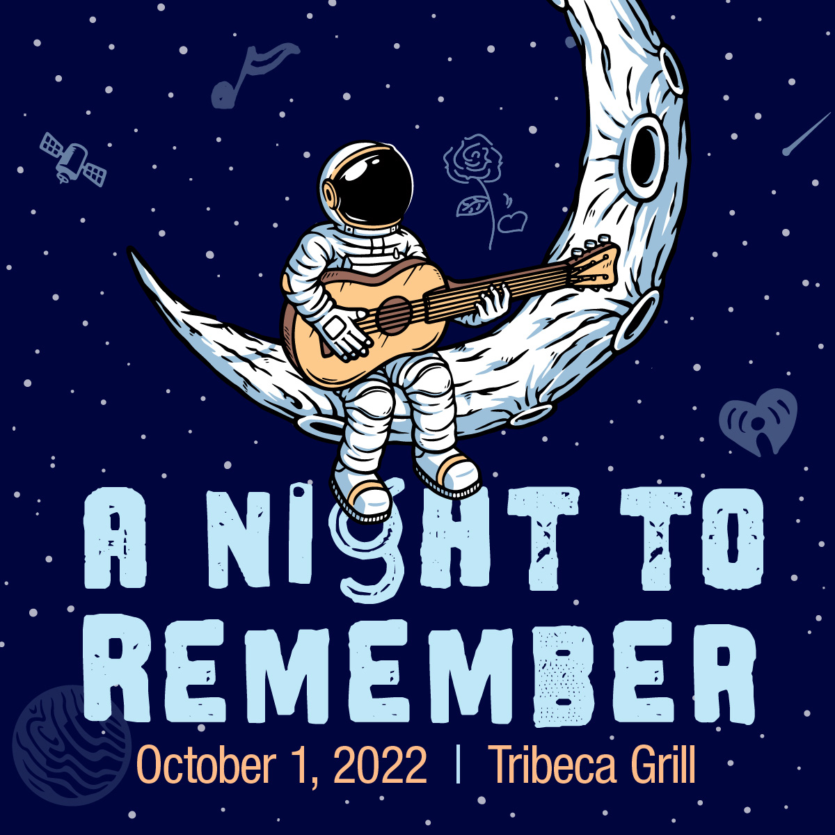 A Night to Remember, October 1, 2022. Astronaut sitting on the moon playing guitar